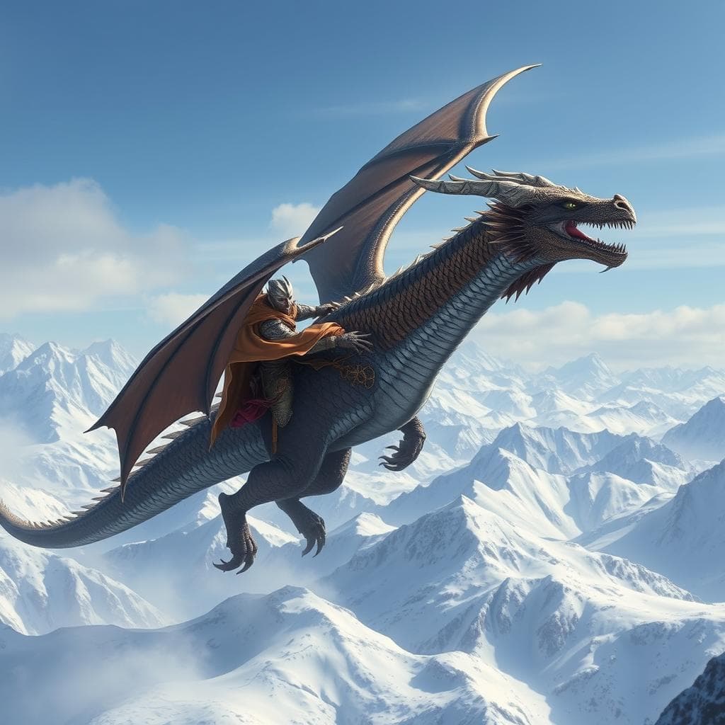 A powerful dragon with shimmering scales, flying over a snow-covered mountain range with a heroic rider clad in enchanted armor, the dragon's wings casting shadows over the land below