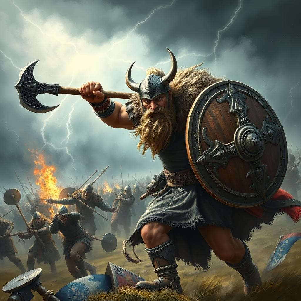 A fierce Viking warrior in battle, wielding a battle axe, with an armored shield raised, charging through a battlefield filled with stormy skies and thunder in the background.