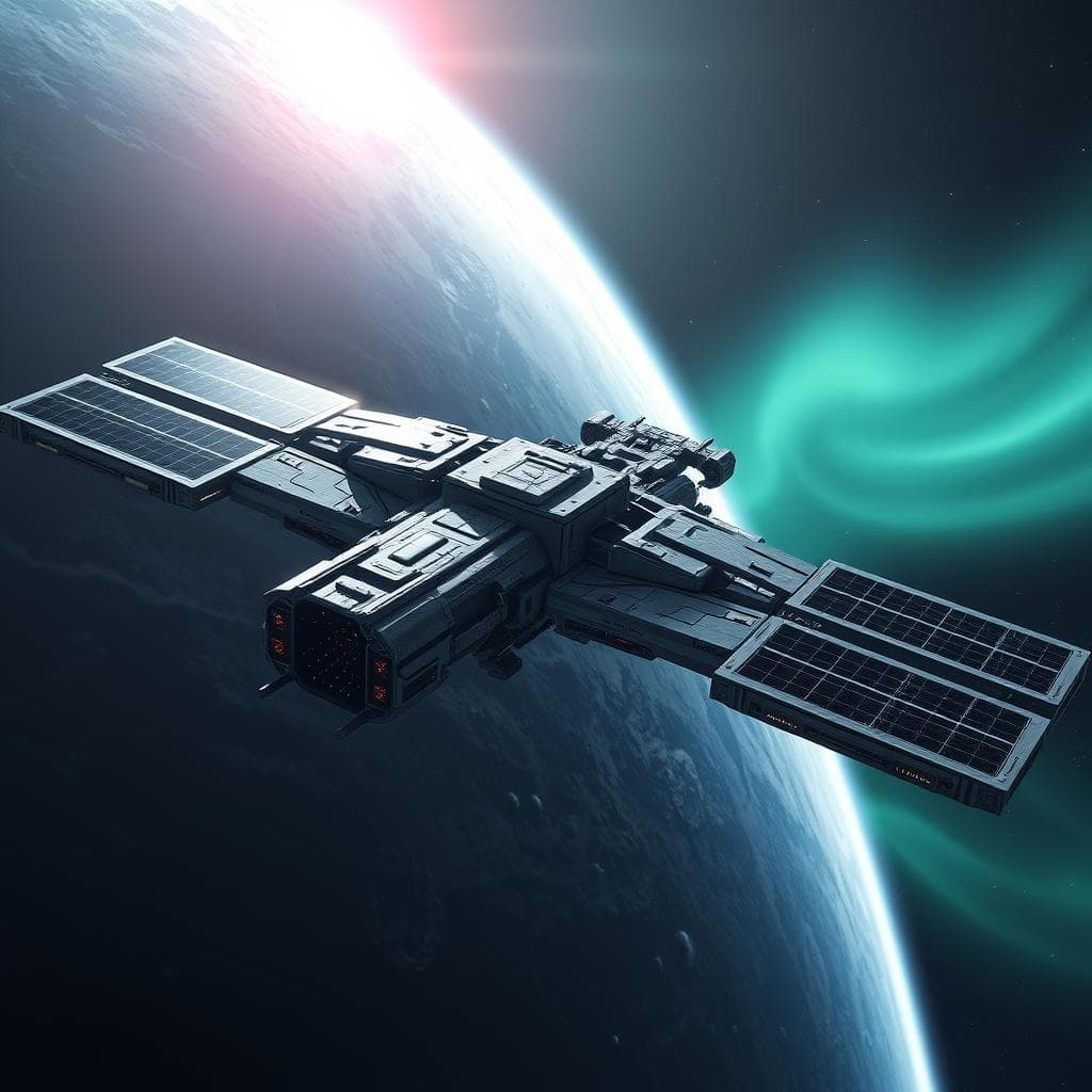 A futuristic space station orbiting a gas giant, with massive solar panels, detailed docking bays, and a glowing aurora in the planet's atmosphere.