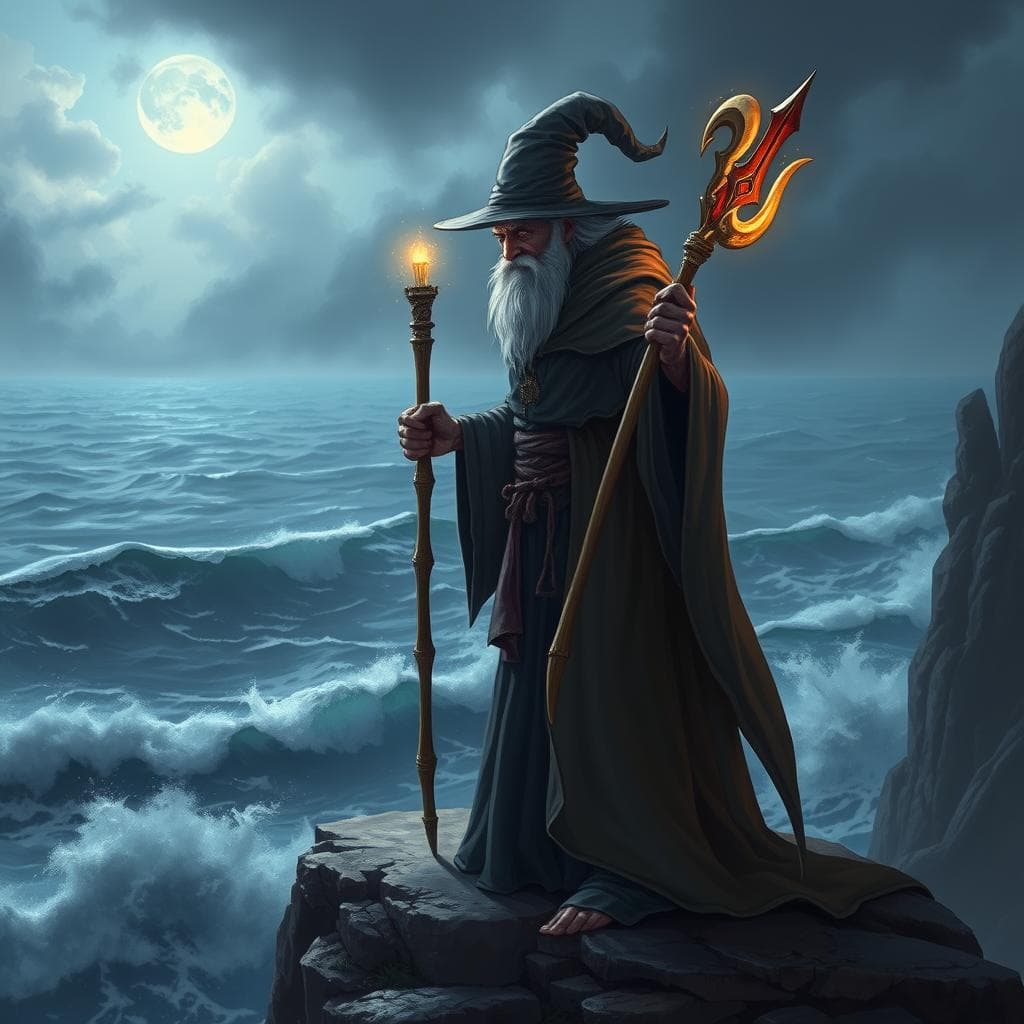  wise old sorcerer with a long flowing robe, a glowing staff, and a mysterious aura, standing on a cliff overlooking a stormy ocean.