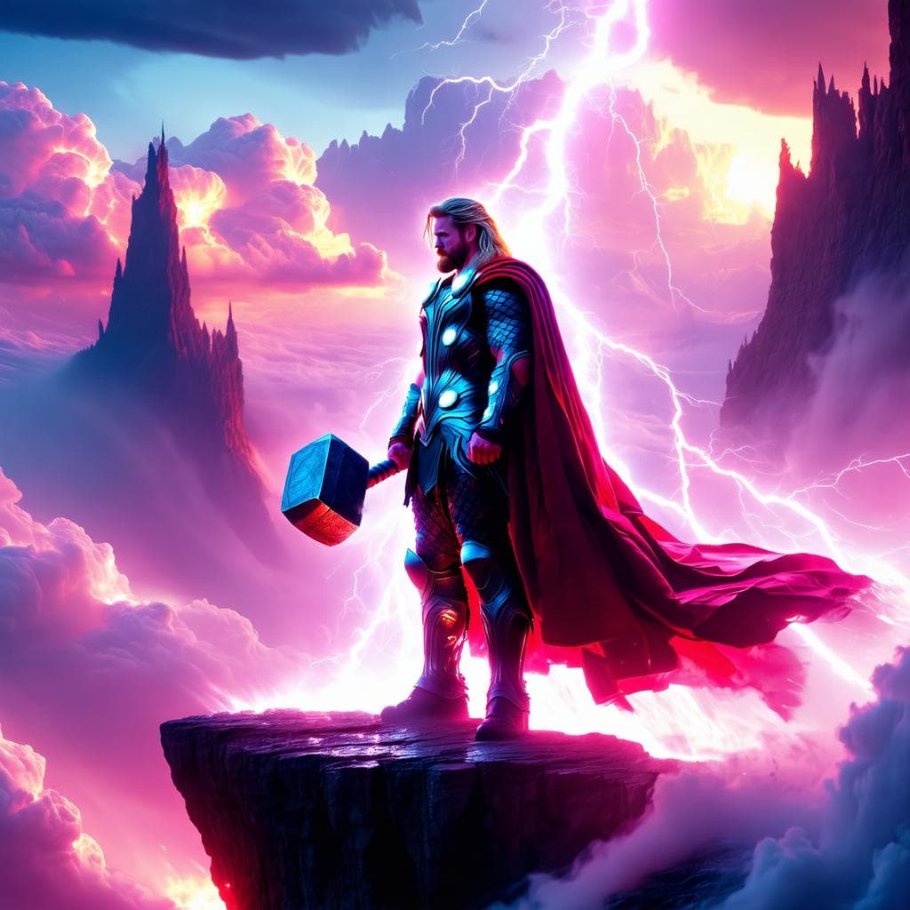 Thor standing on a glowing cliff in a surreal universe, holding Mjölnir with lightning crackling around him, majestic armor, long flowing cape, light pink sky and pink-tinged landscape, ethereal clouds, cinematic lighting, epic fantasy art, 8K, highly detailed