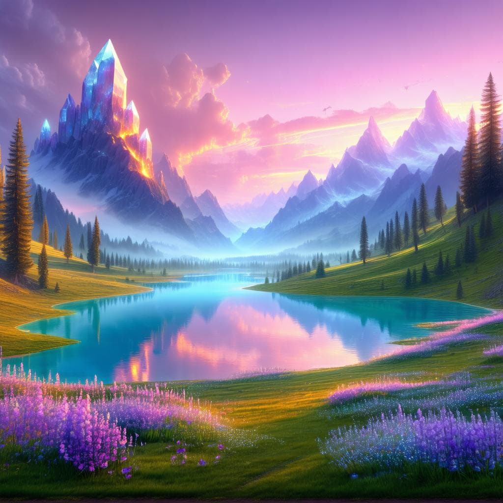 Fantasy landscape with glowing crystal lakes, soft pink and lavender sky, lush hills covered in wildflowers, towering ancient trees with glowing leaves, ethereal mountains in the distance, gentle mist, golden light, ultra-detailed, 8K nature art.