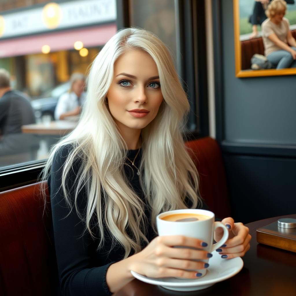 a russian woman, white hair, beautiful, sitting in a cafe, holding coffee