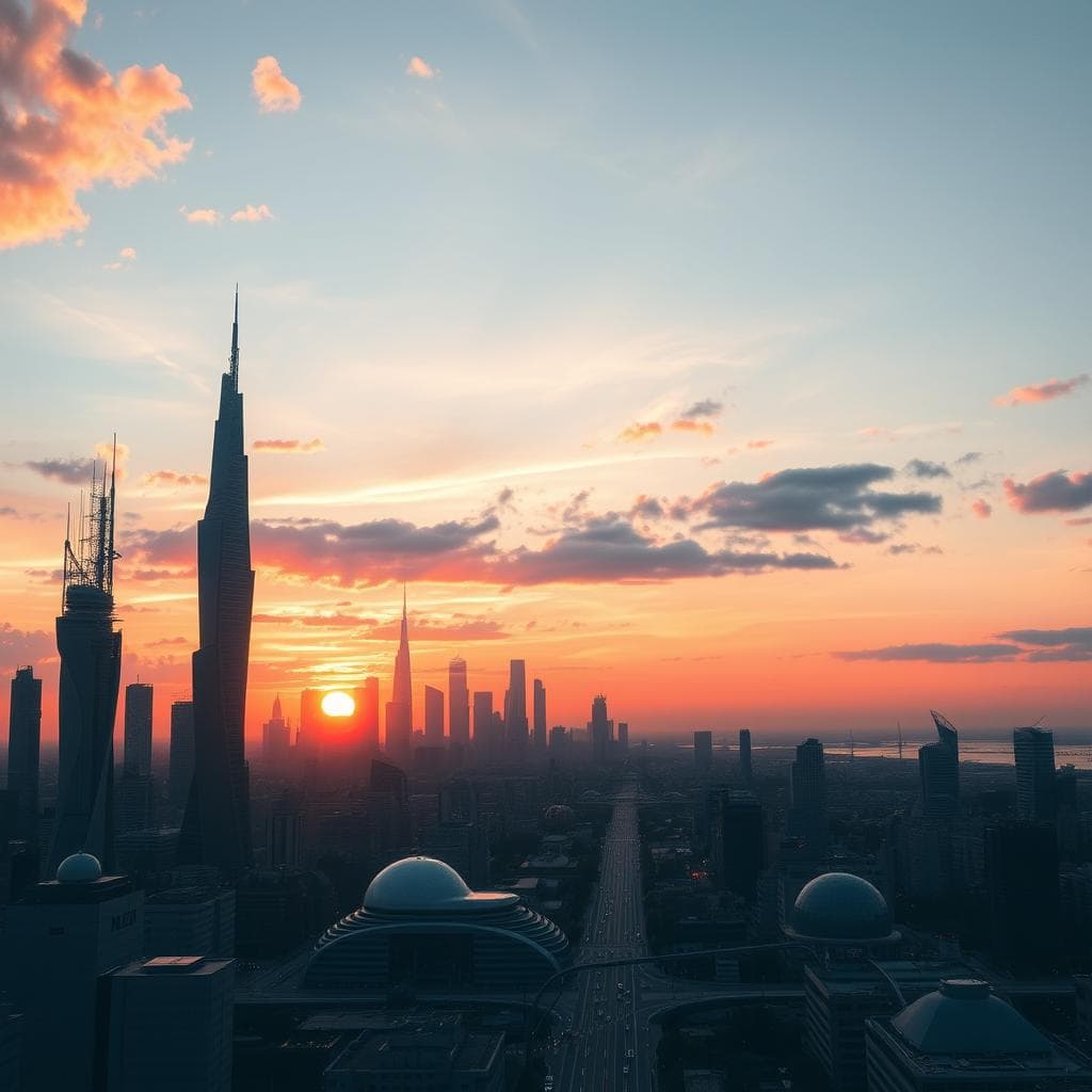 futuristic city at a sunset